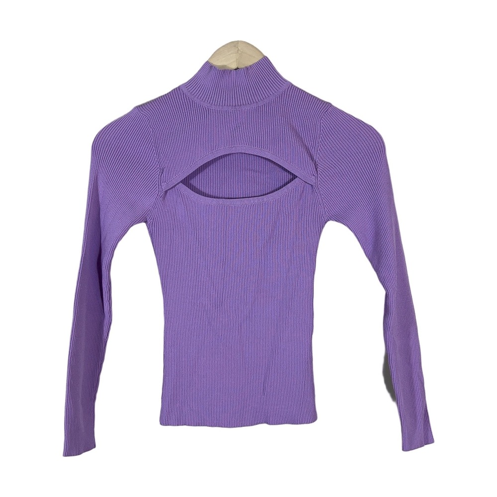 Minkpink Cutout Ribbed Knit Sweater Lavender Purple Modern Mock Neck Size Small